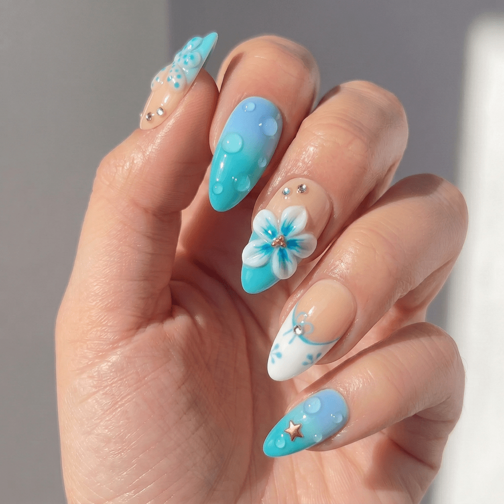 Azure Dewdrop press-on nails – design close-up by Handora