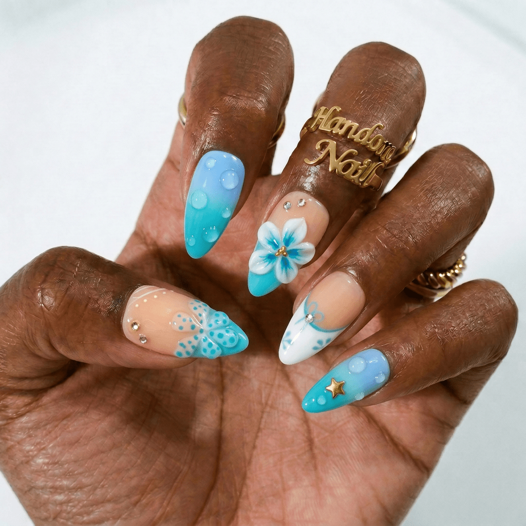 Azure Dewdrop press-on nails – hand-painted reusable gel set by Handora