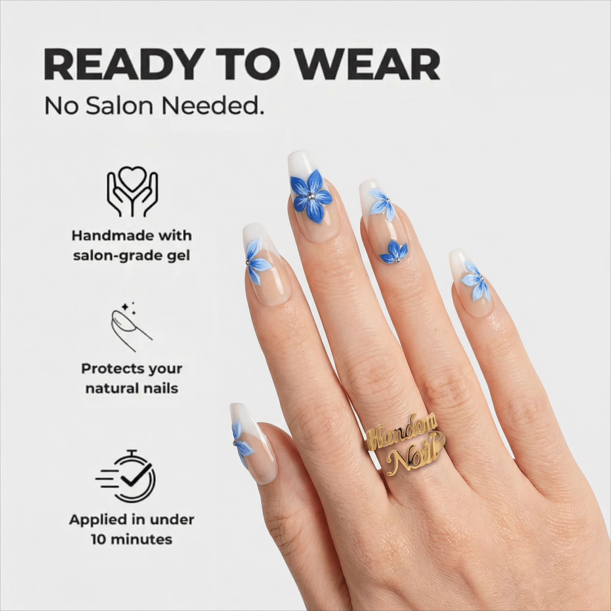 Azure Floral coffin press-on nails – design close-up by Handora