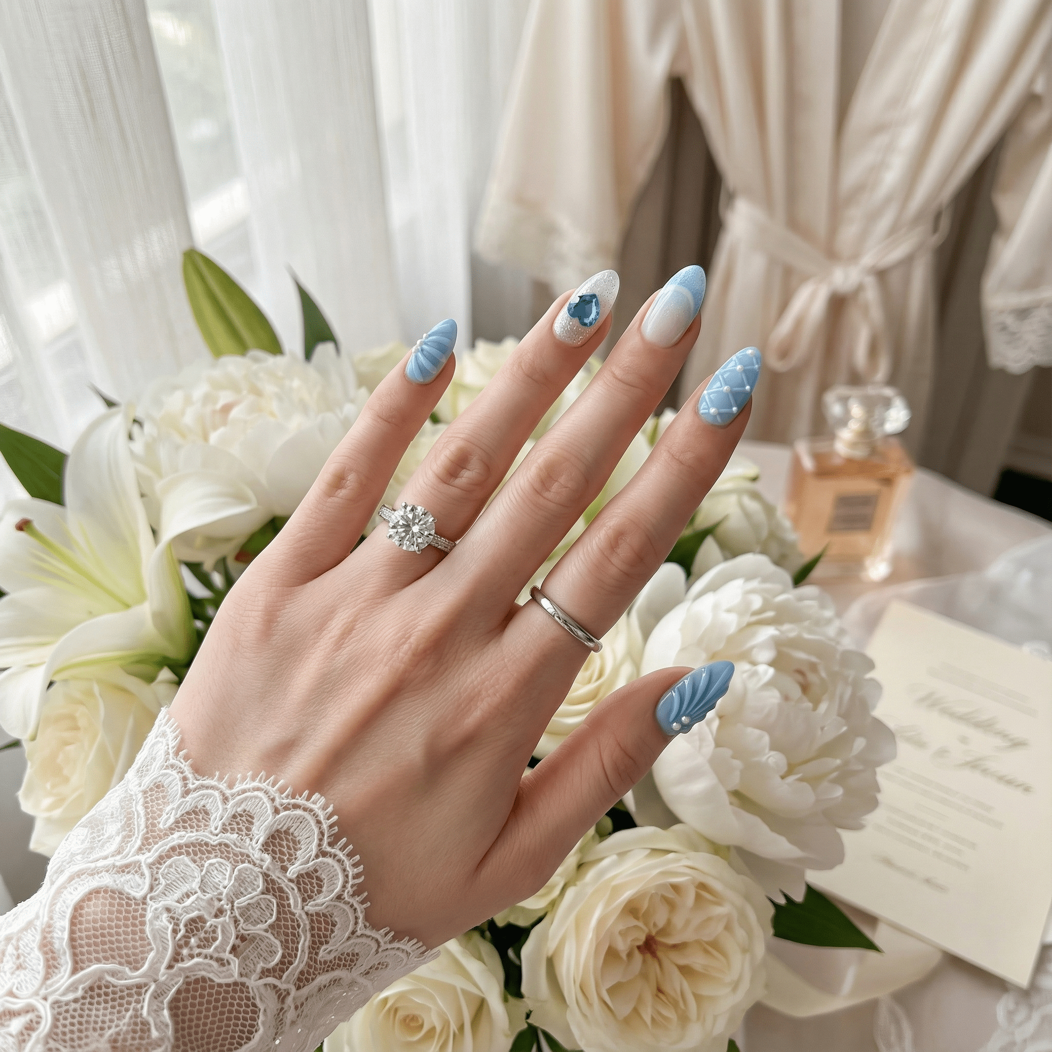 Azure Gem press-on nails – hand-painted reusable gel set by Handora