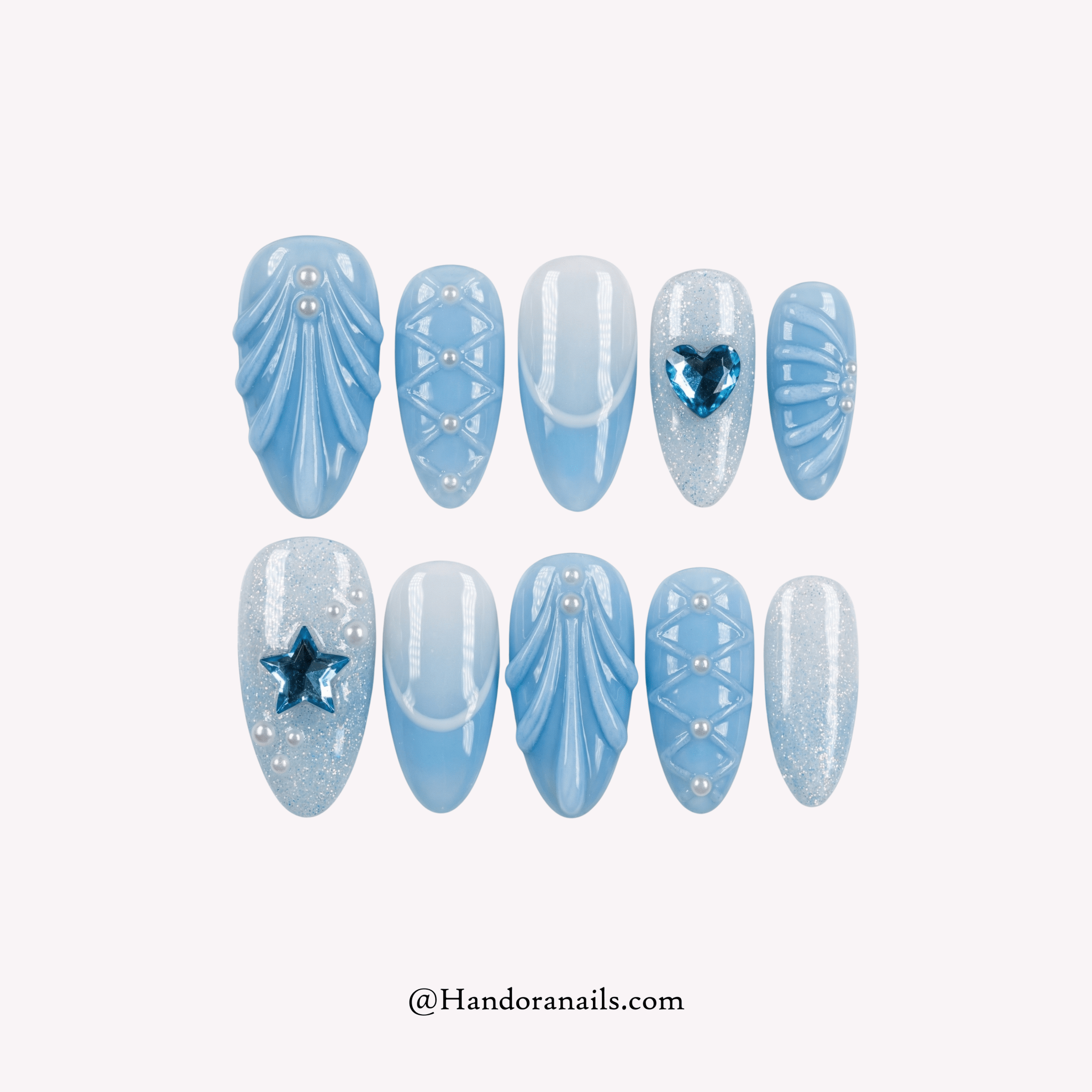 Azure Gem blue 3d press-on nails by Handora