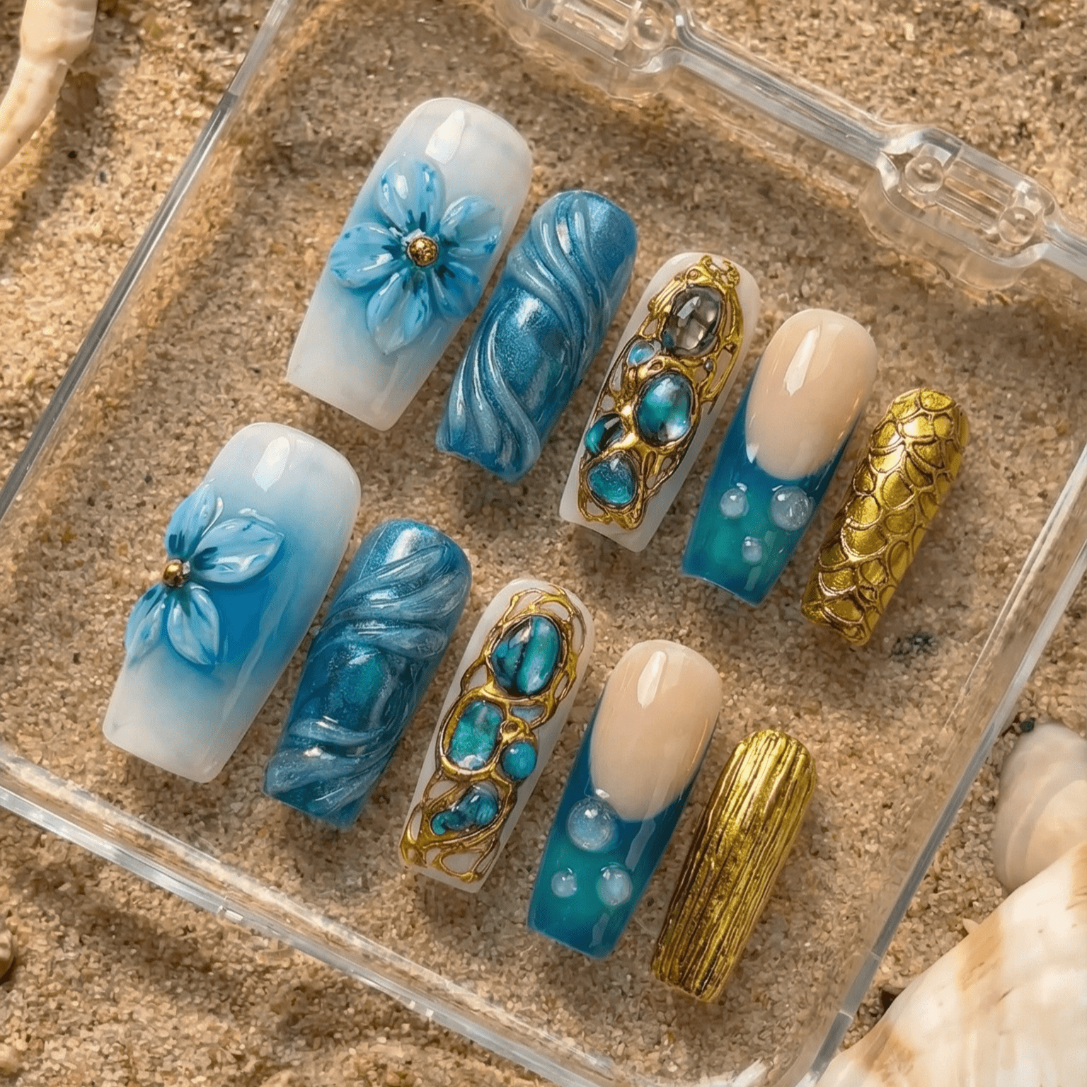 Azure Gilded press-on nails – hand-painted reusable gel set by Handora
