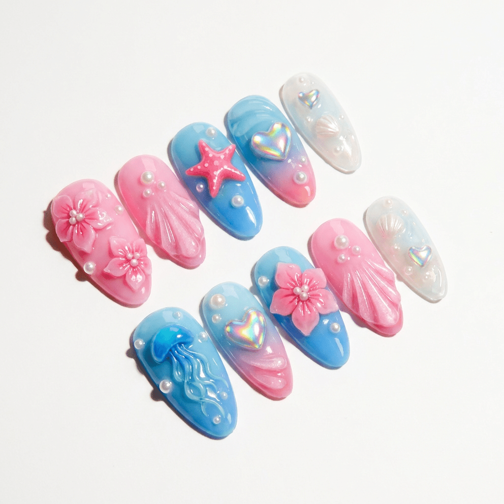 Azure Reef 3d nail design – handmade press-on nails by Handora