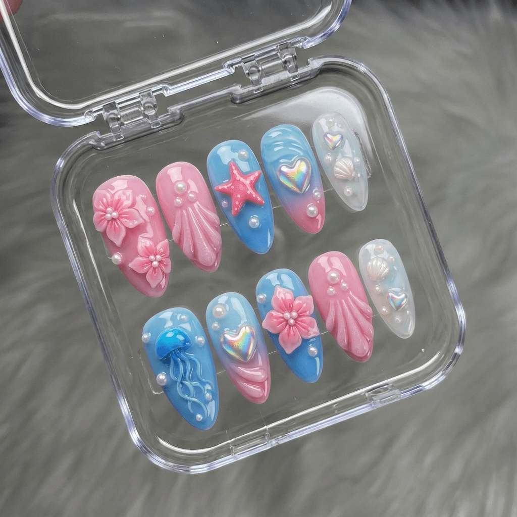 Azure Reef press-on nails – hand-painted reusable gel set by Handora