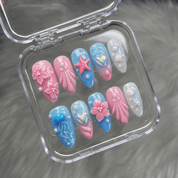 Azure Reef press-on nails – hand-painted reusable gel set by Handora