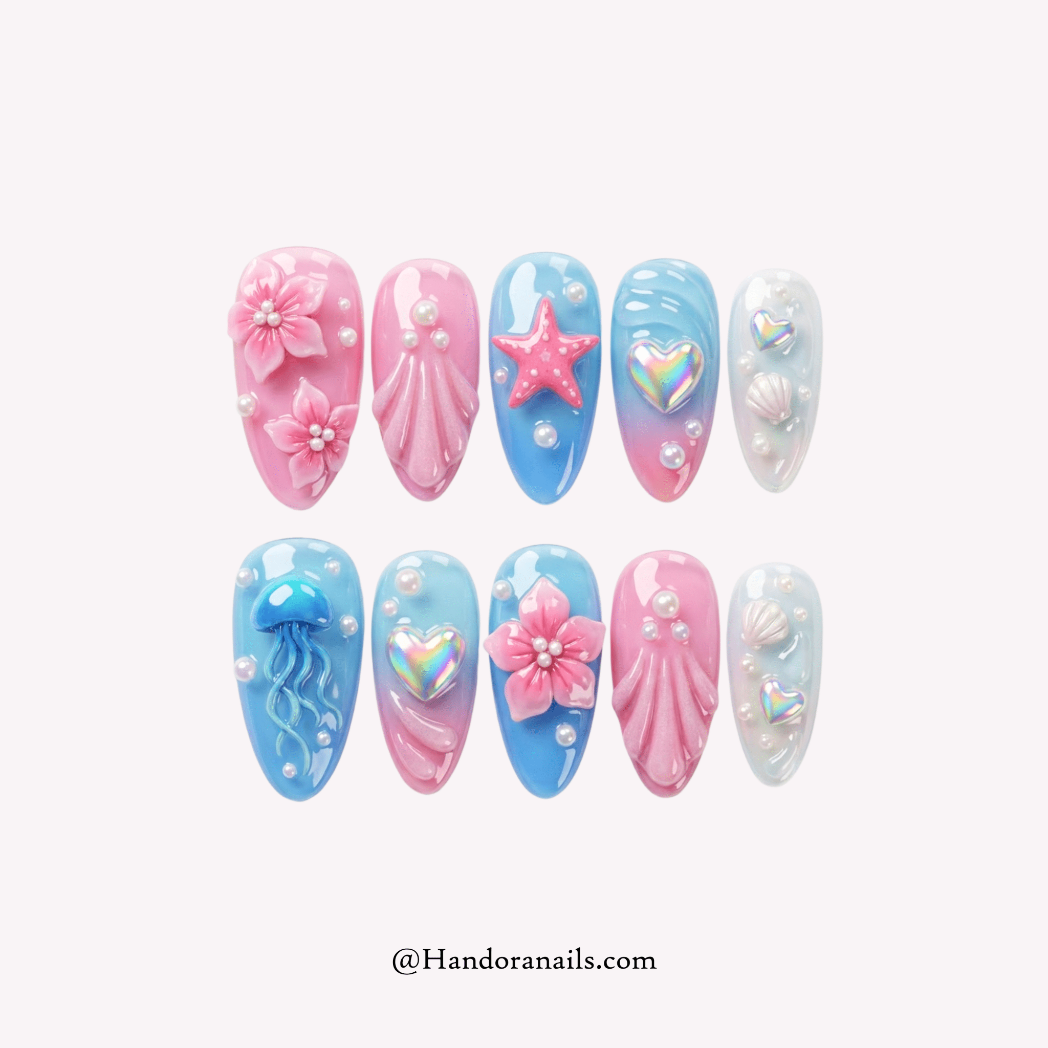 Azure Reef blue 3d press-on nails by Handora