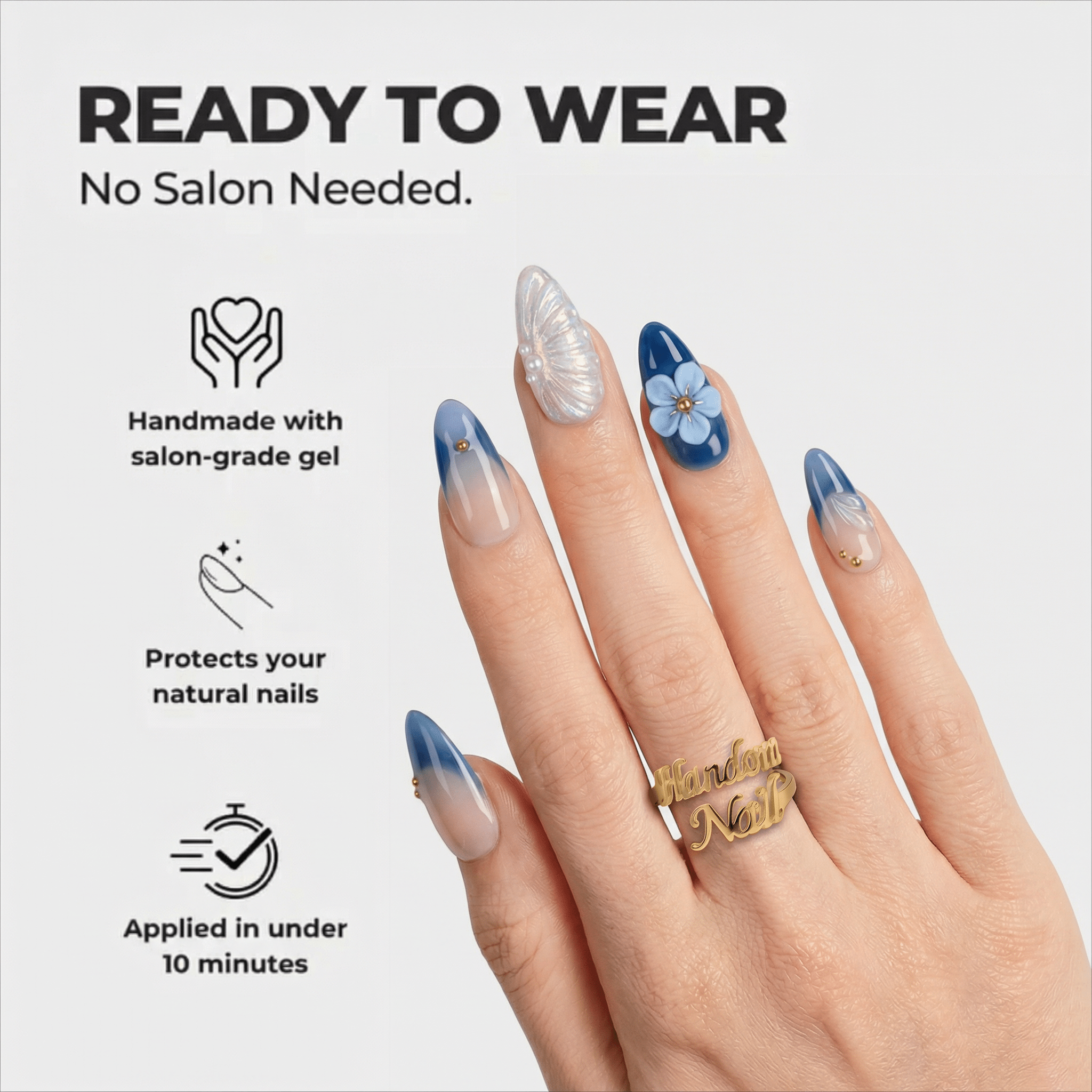 Azure Shell almond press-on nails – design close-up by Handora