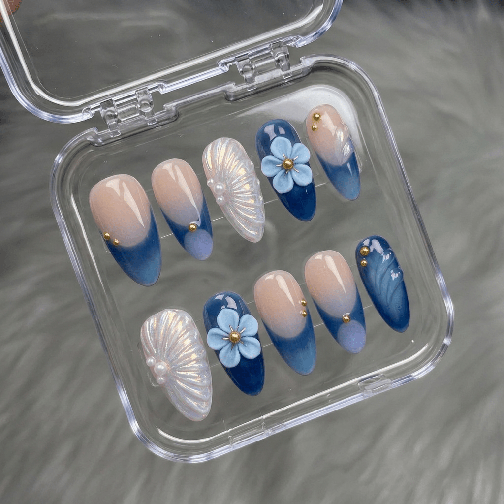 Azure Shell 3d nail design – handmade press-on nails by Handora