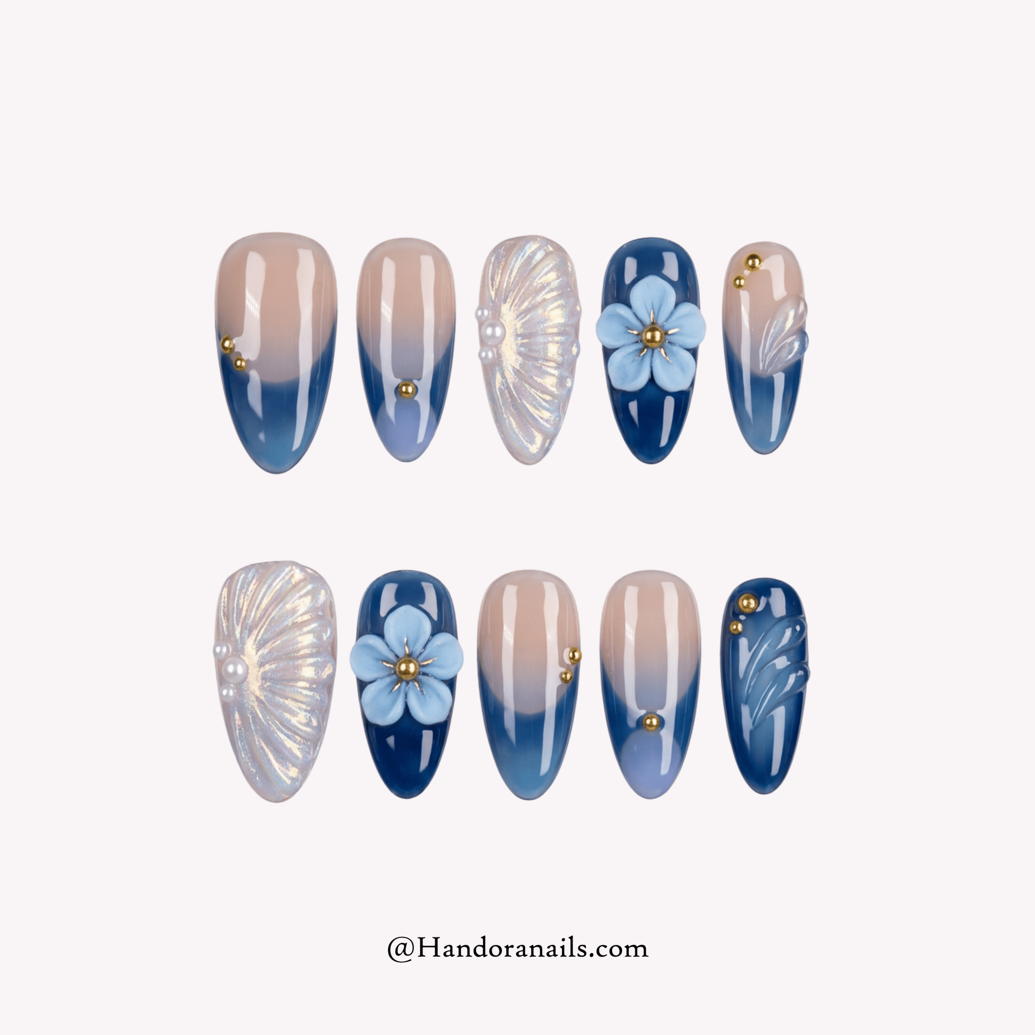 Azure Shell blue almond 3d press-on nails by Handora