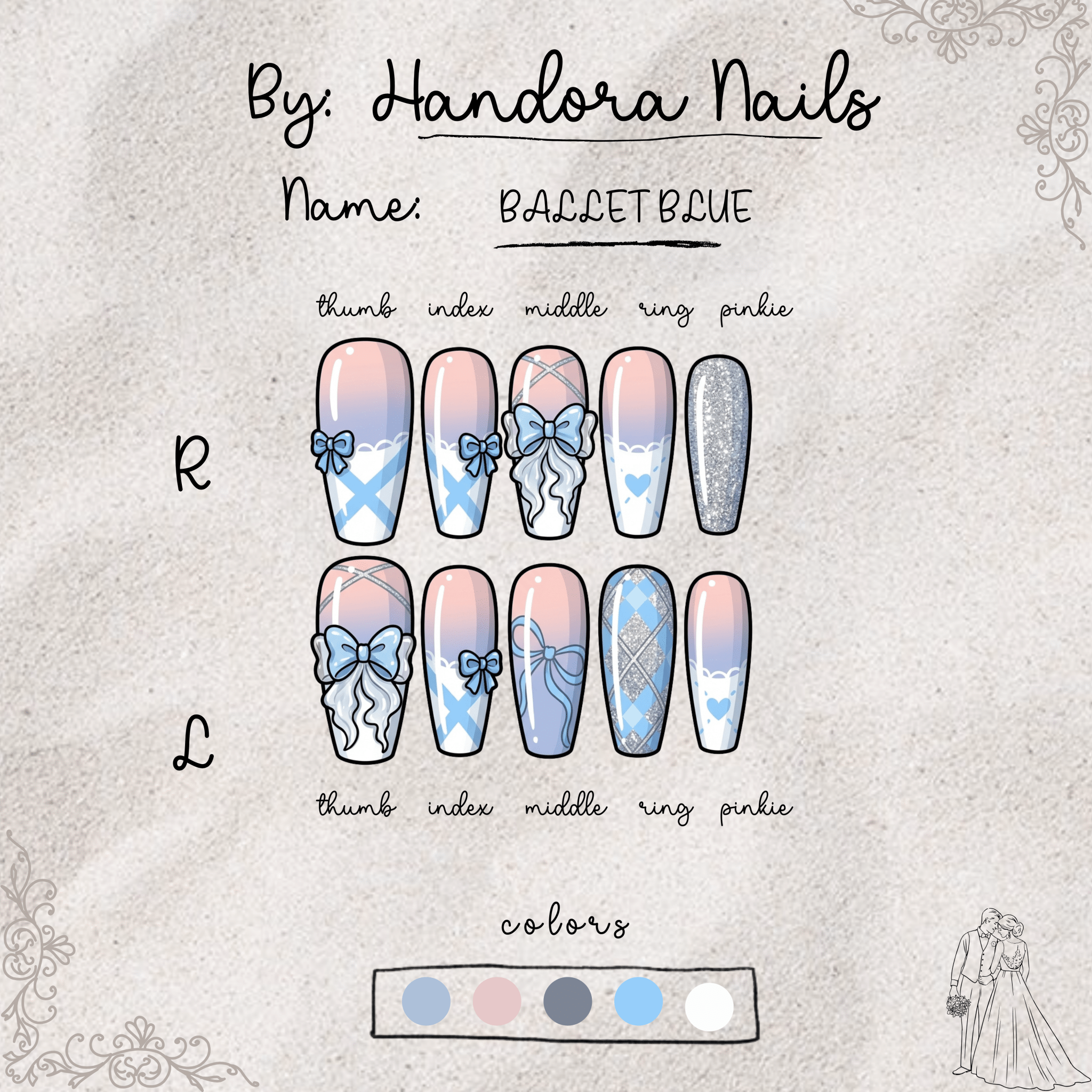 Ballet Blue press-on nails – design close-up by Handora