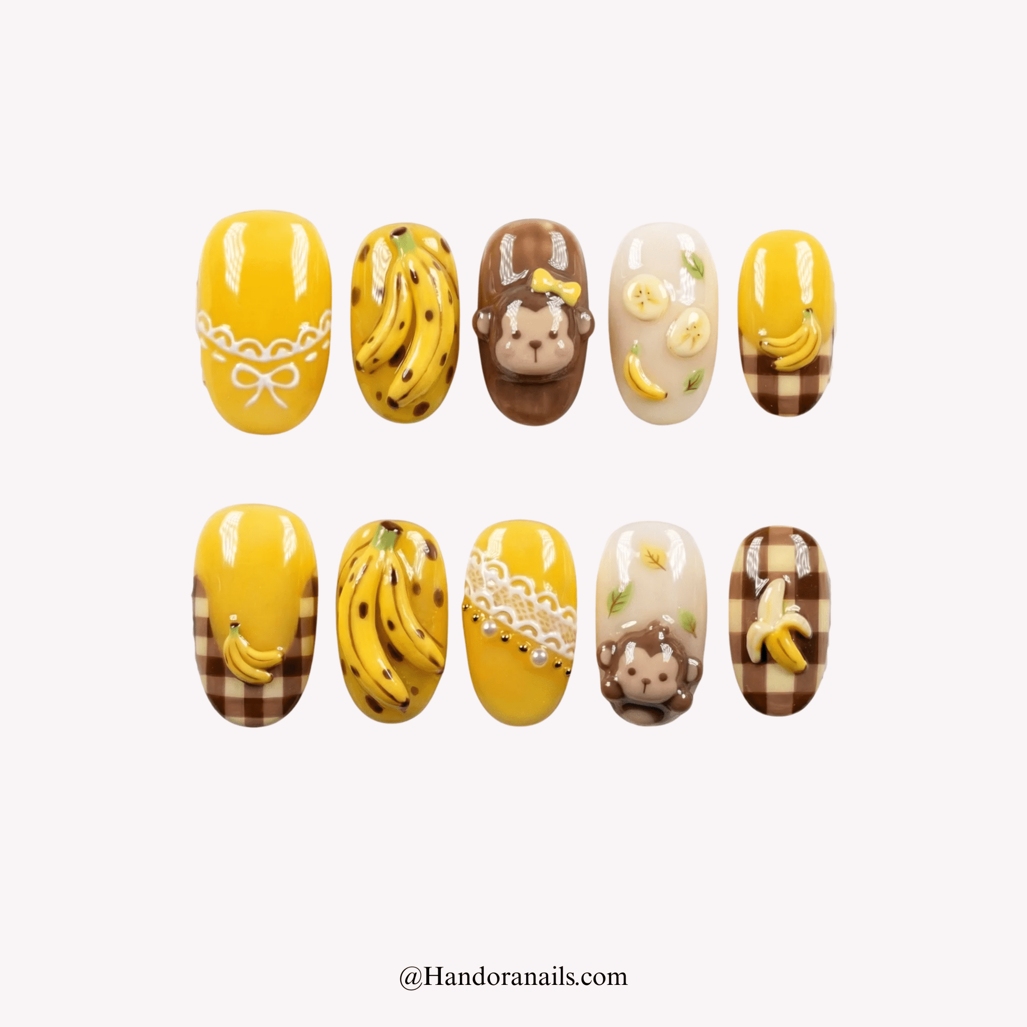 Banana Monkey kawaii press-on nails by Handora