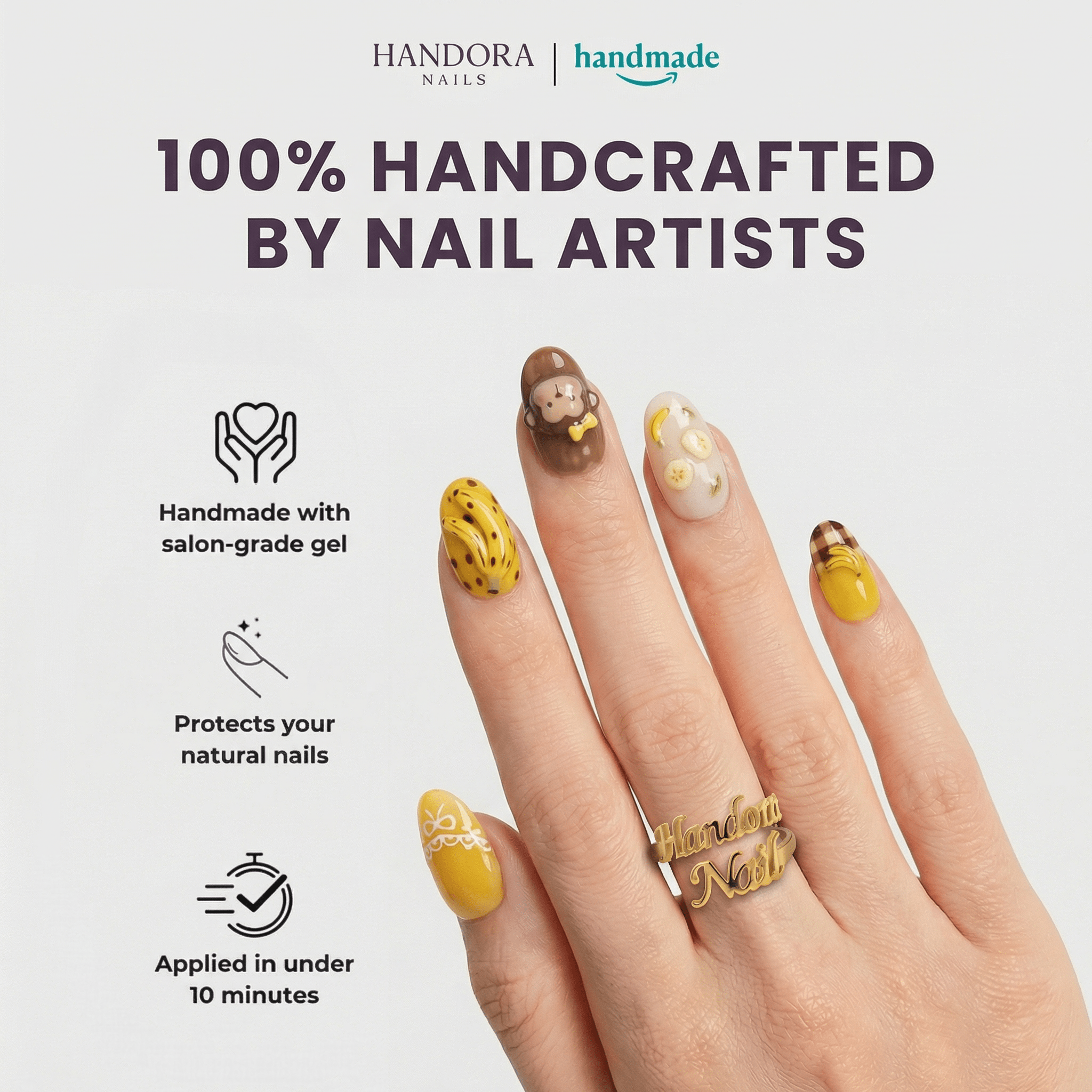 Banana Monkey press-on nails – design close-up by Handora