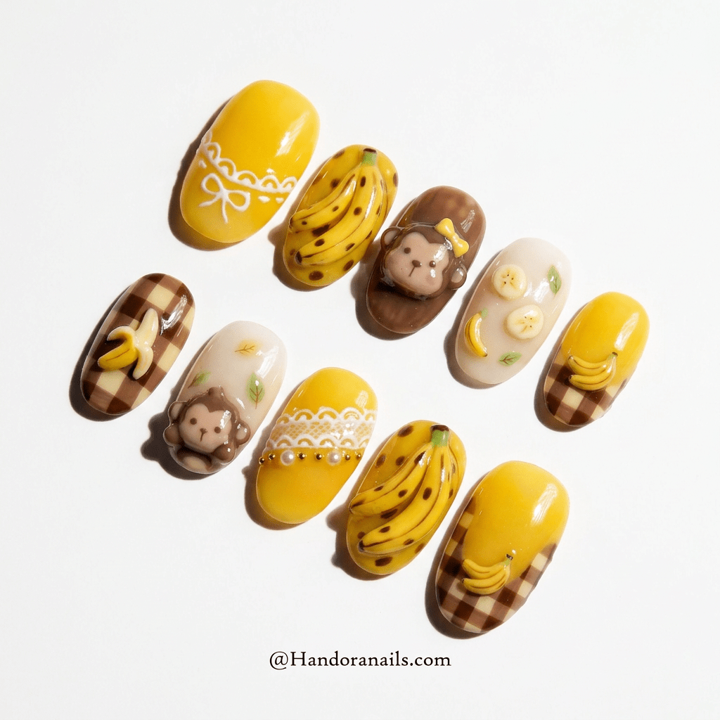 Banana Monkey press-on nails worn on hand – almond shape by Handora