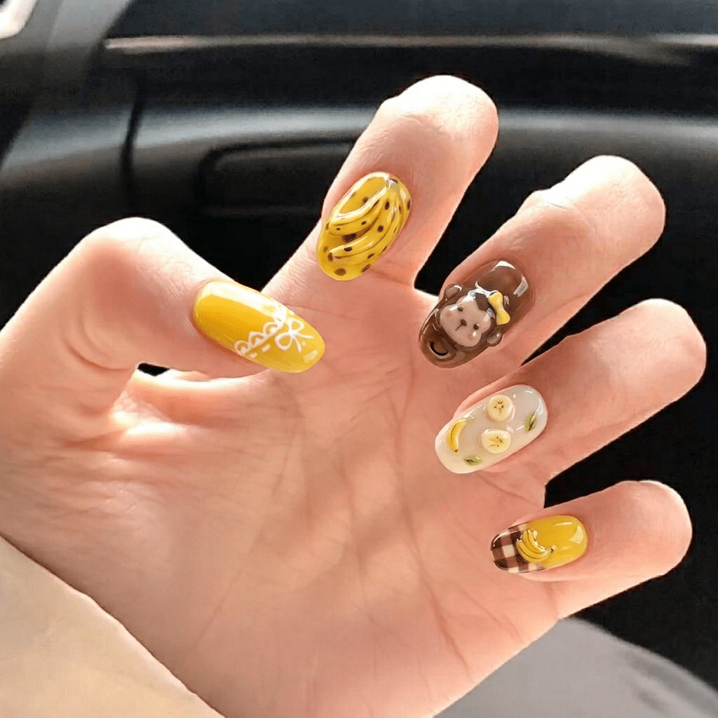 Banana Monkey kawaii nail design – handmade press-on nails by Handora
