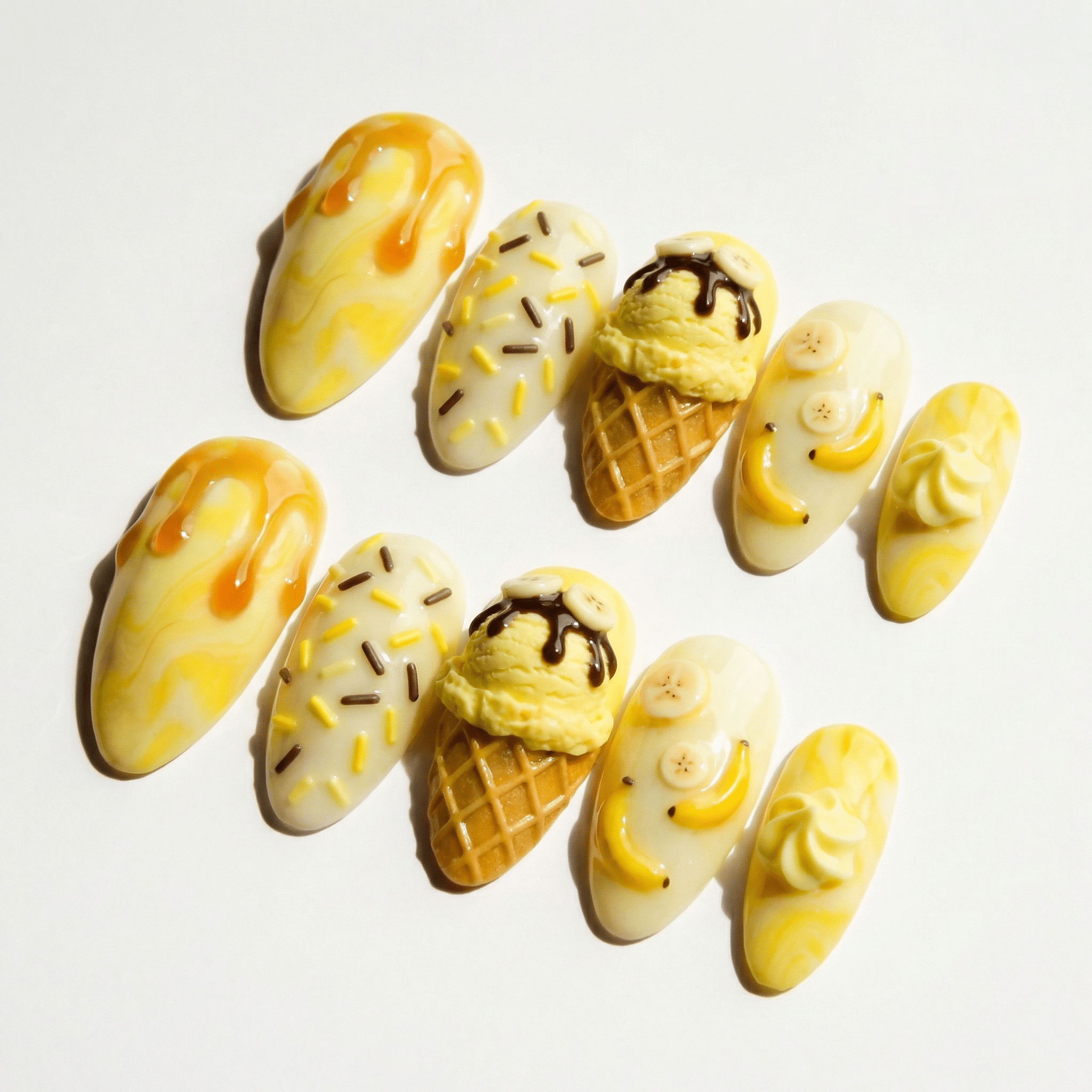 Banana Sundae kawaii nail design – handmade press-on nails by Handora