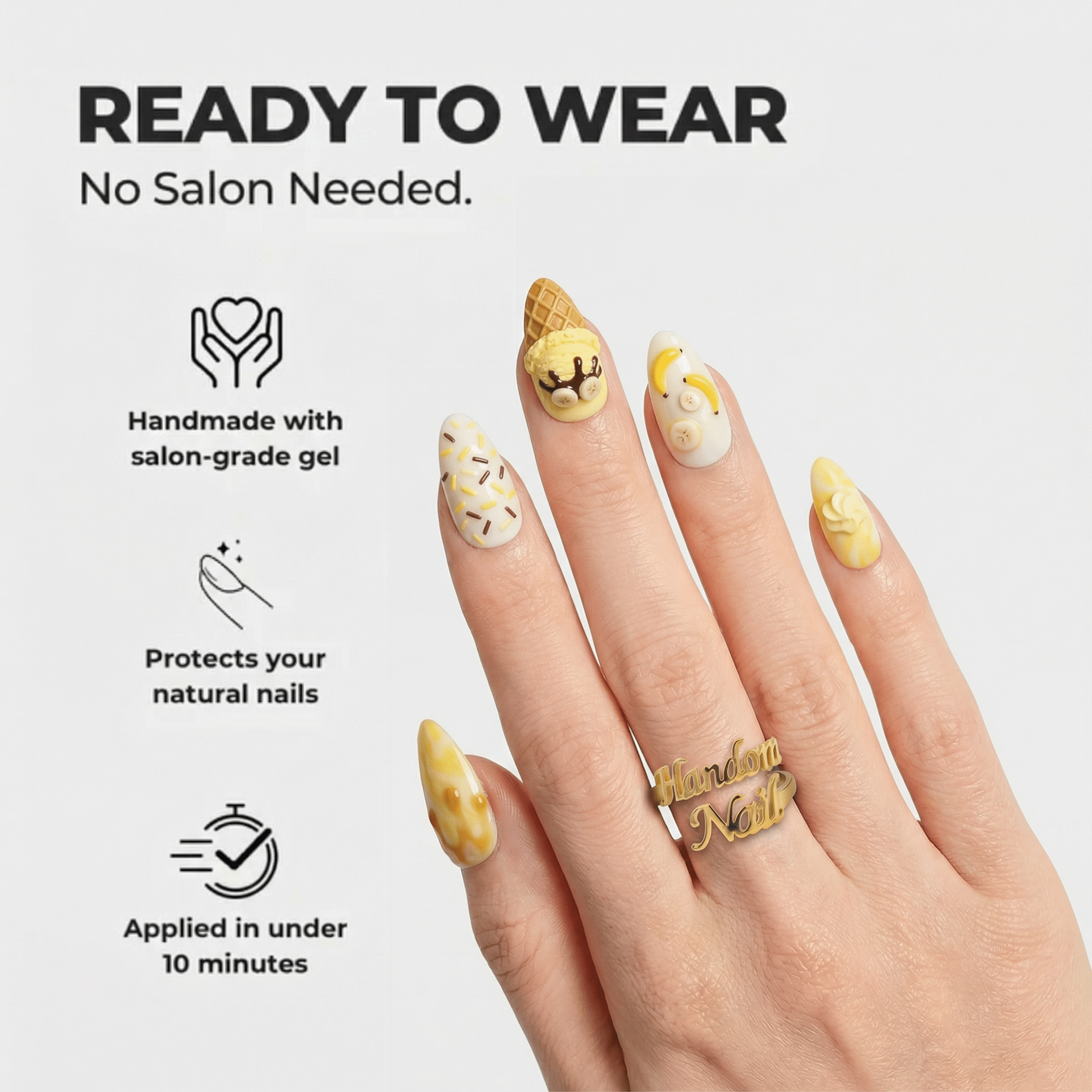 Banana Sundae press-on nails – design close-up by Handora