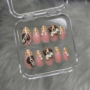Beagle Plaid press-on nails worn on hand – almond shape by Handora