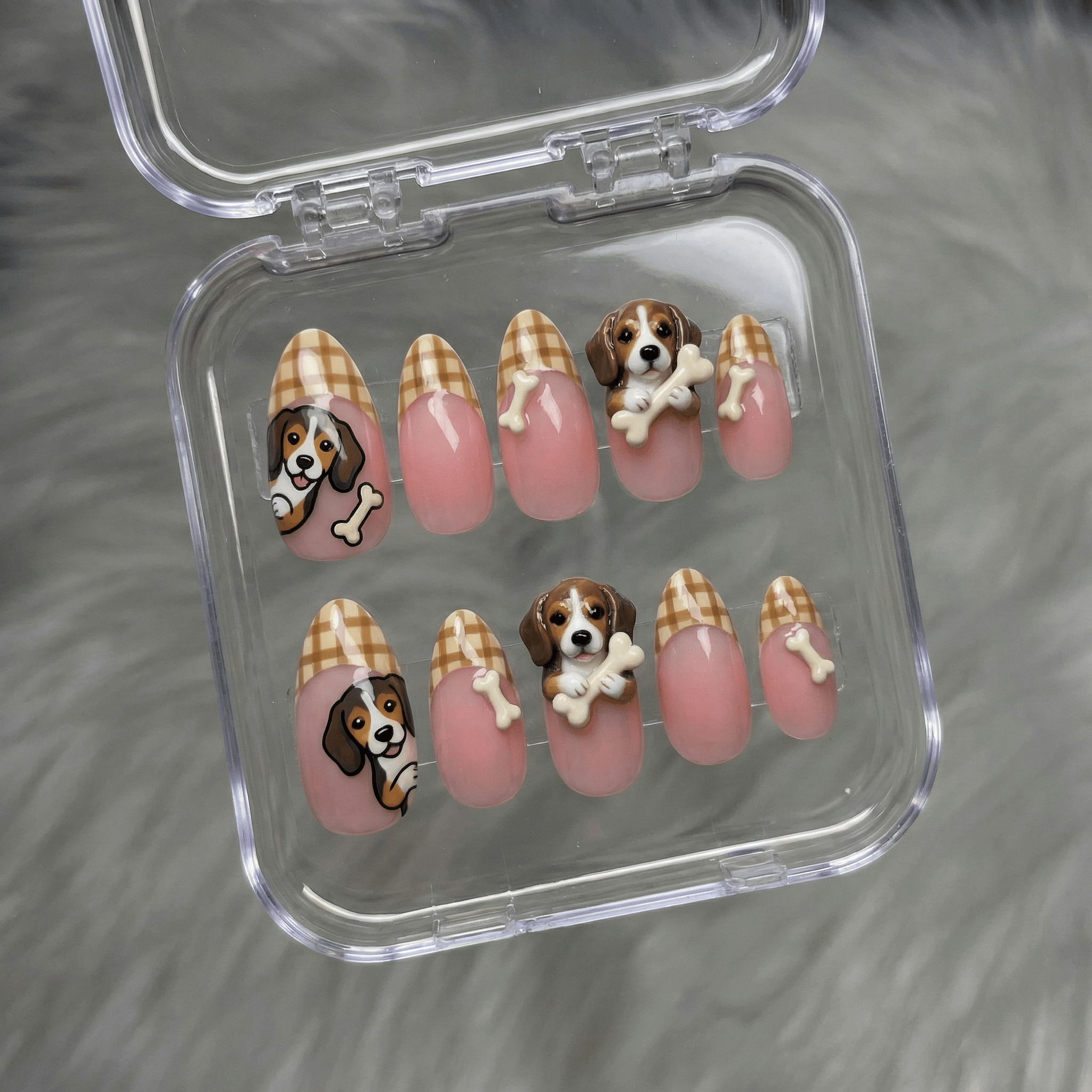 Beagle Plaid press-on nails worn on hand – almond shape by Handora