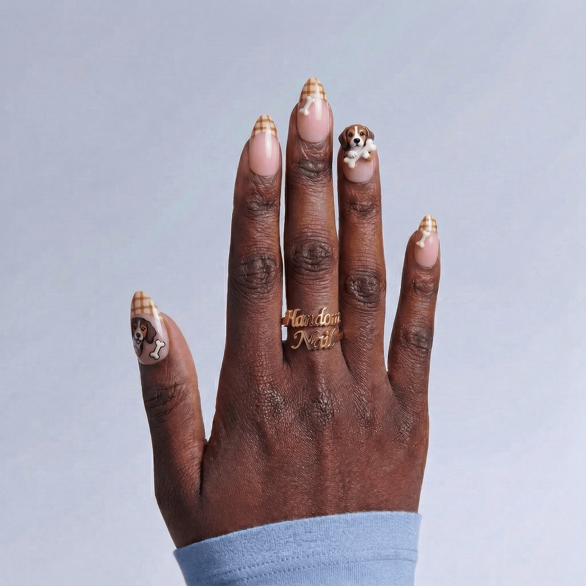 Beagle Plaid french tip nail design – handmade press-on nails by Handora