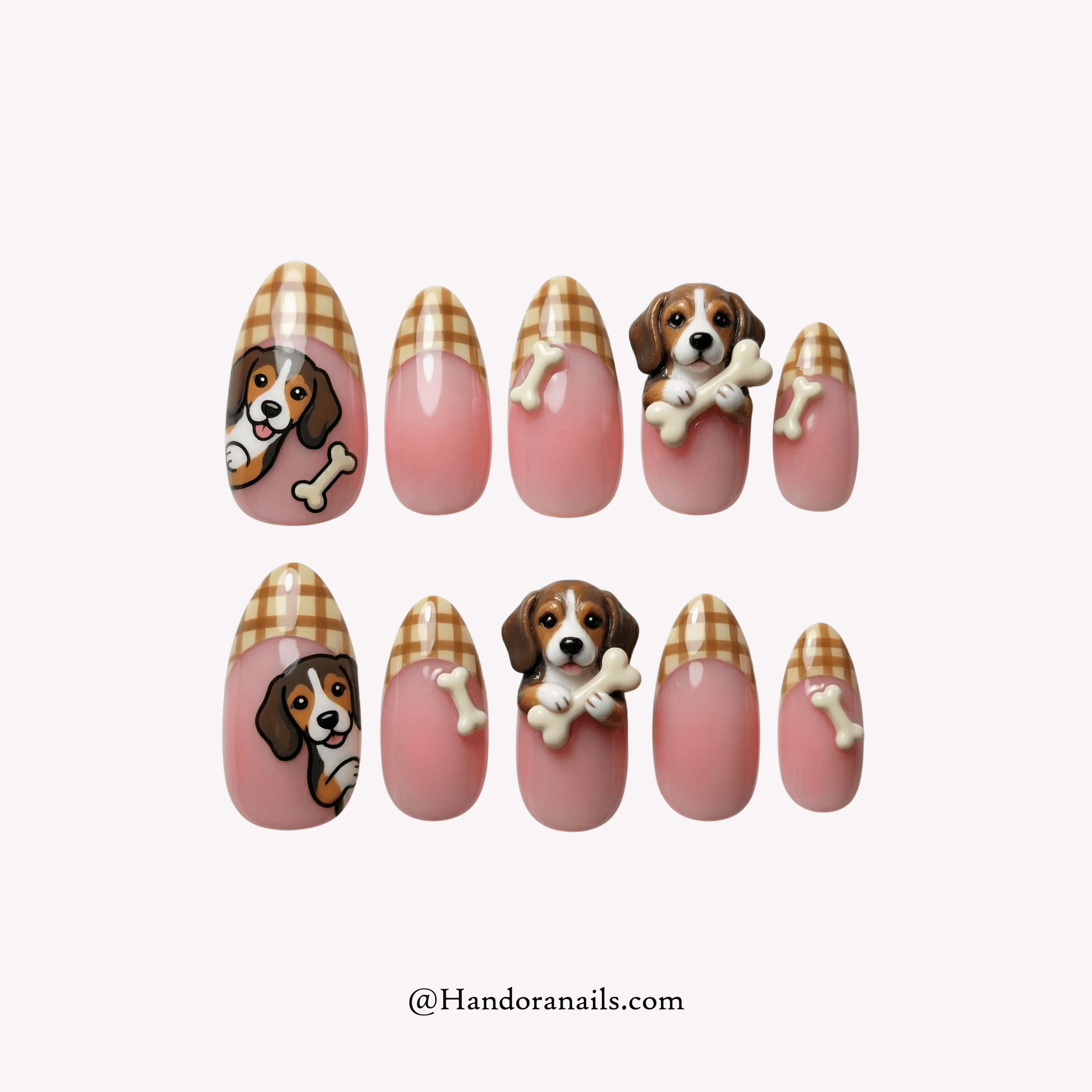 Beagle Plaid almond french tip press-on nails by Handora