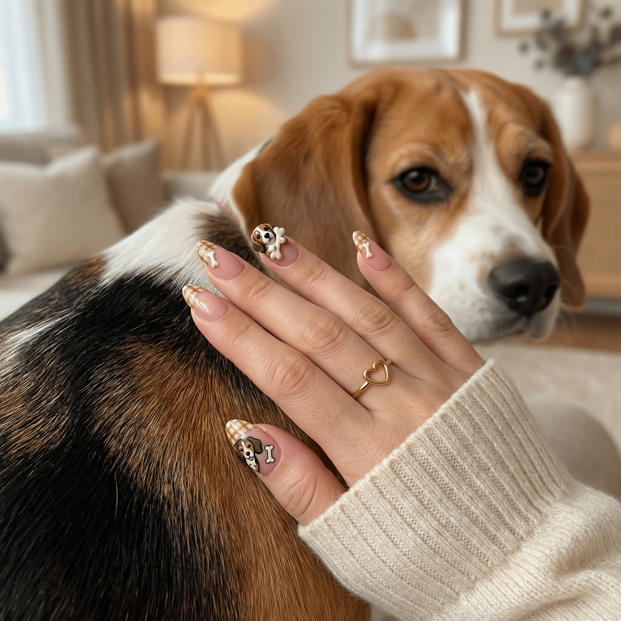 Beagle Plaid press-on nails – hand-painted reusable gel set by Handora