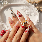 Beagle Spark press-on nails worn on hand – almond shape by Handora