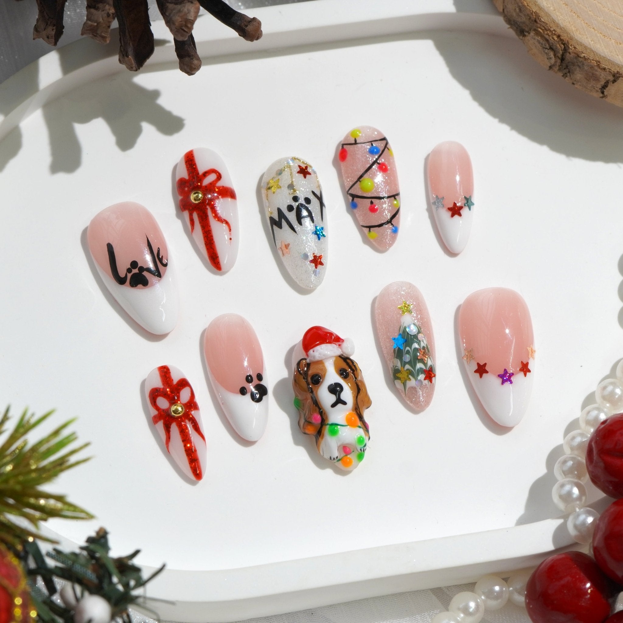 Beagle Spark cute nail design – handmade press-on nails by Handora