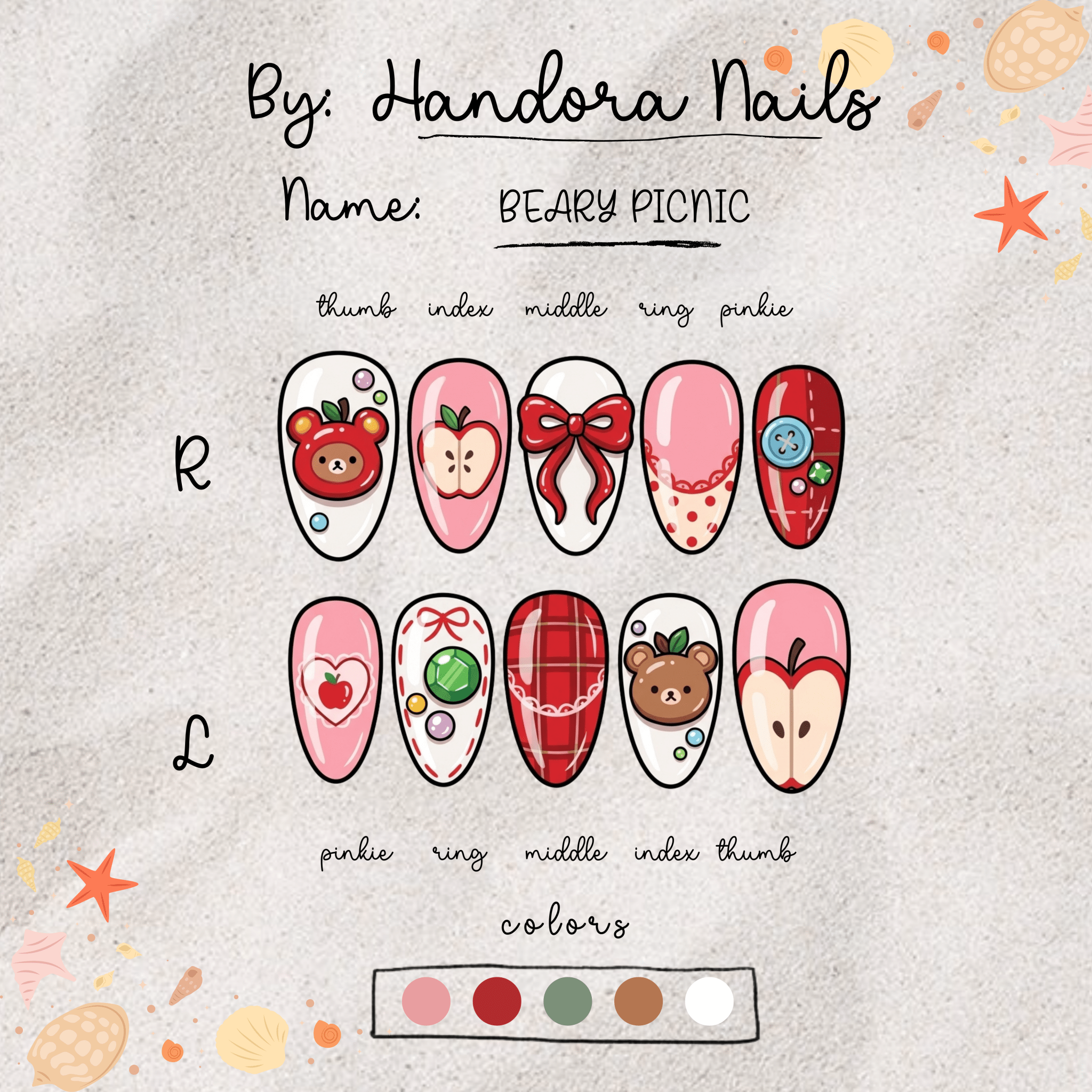 Beary Picnic salon-quality handmade press-on nails by Handora