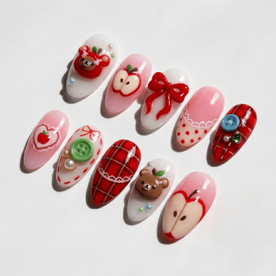 Beary Picnic press-on nails worn on hand – almond shape by Handora