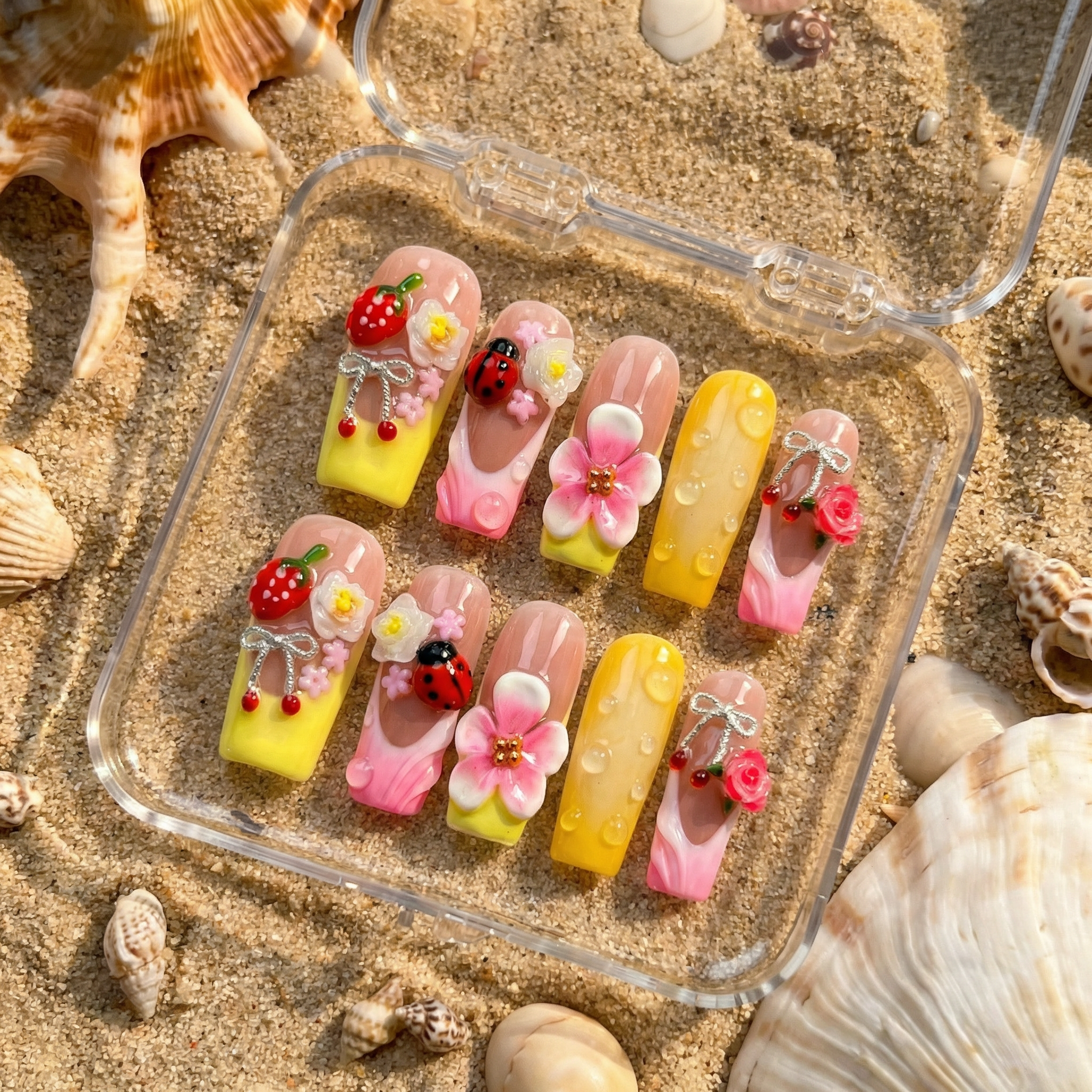 Berry Blossom square press-on nails – design close-up by Handora