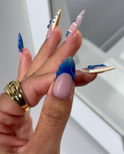 Berry Bows almond press-on nails – design close-up by Handora