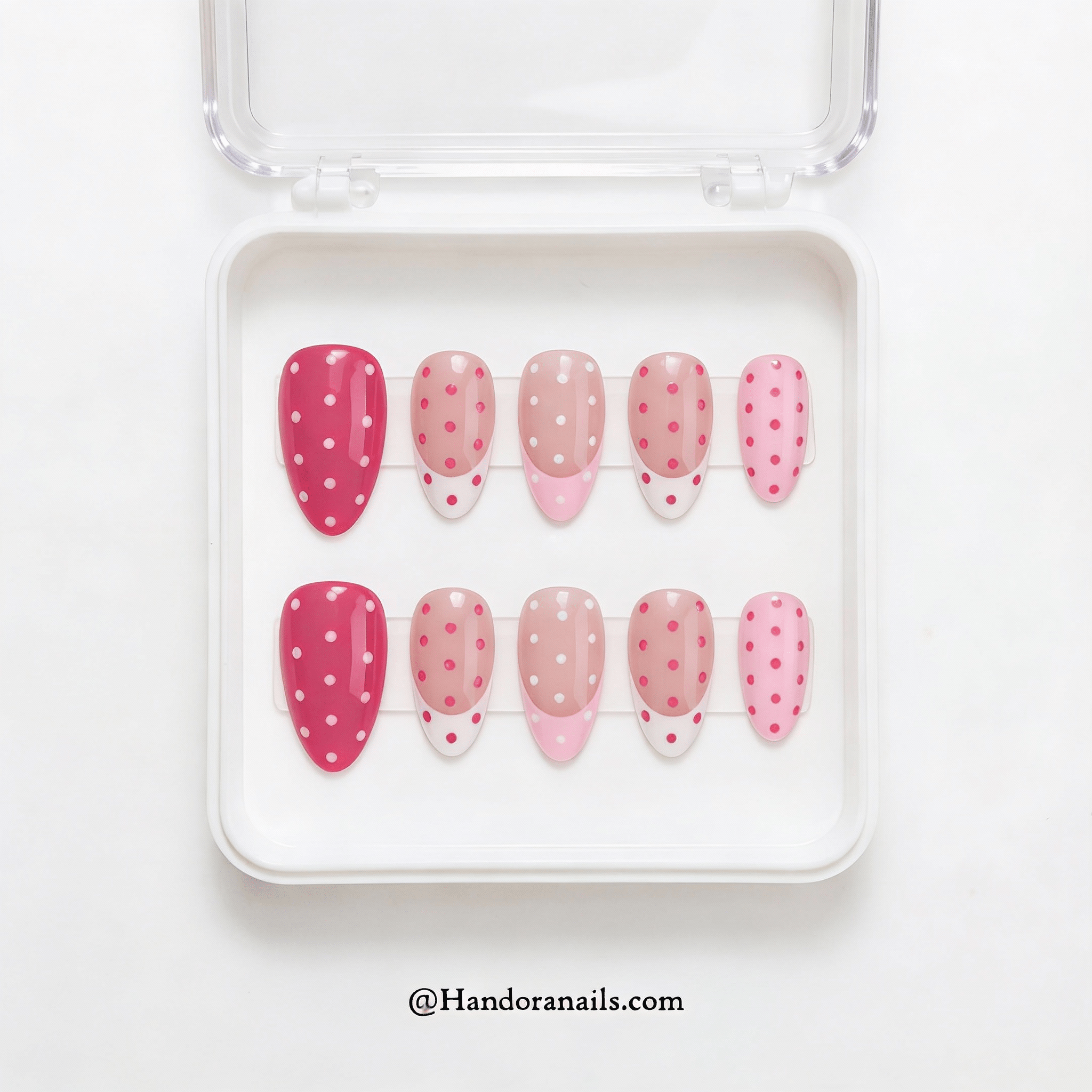Berry Dots almond press-on nails – design close-up by Handora