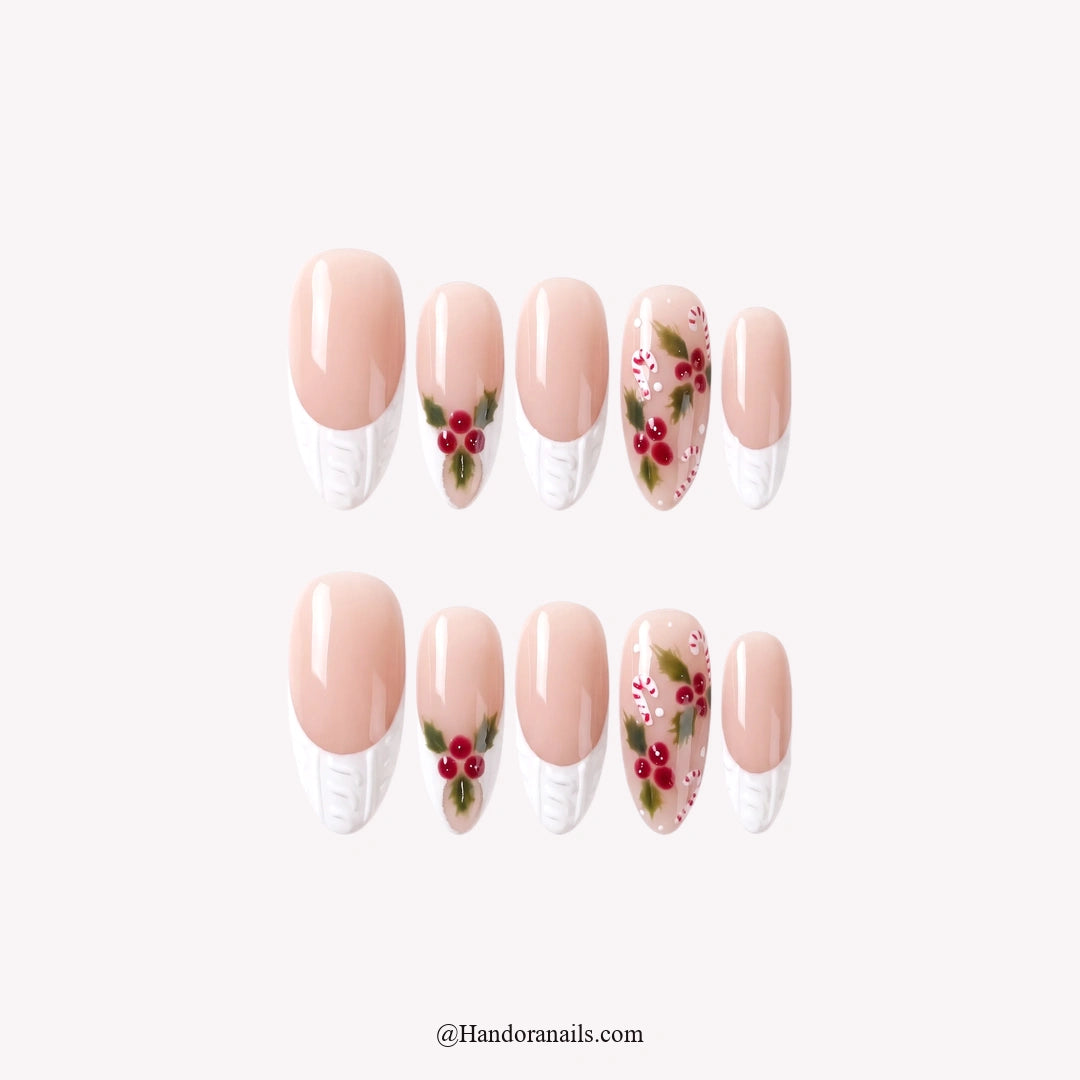 Berry Knit Christmas press-on nails – full set on white background by Handora Nails