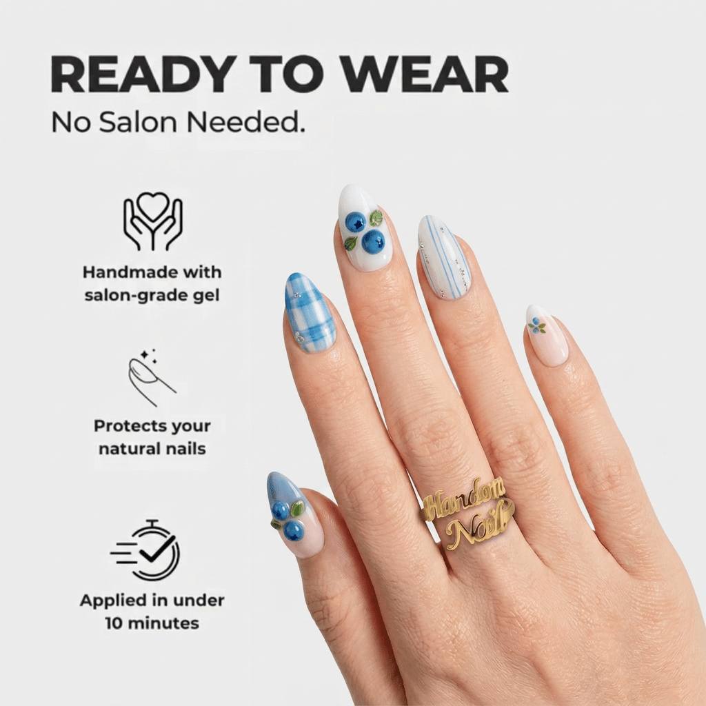 Berry Picnic press-on nails – design close-up by Handora