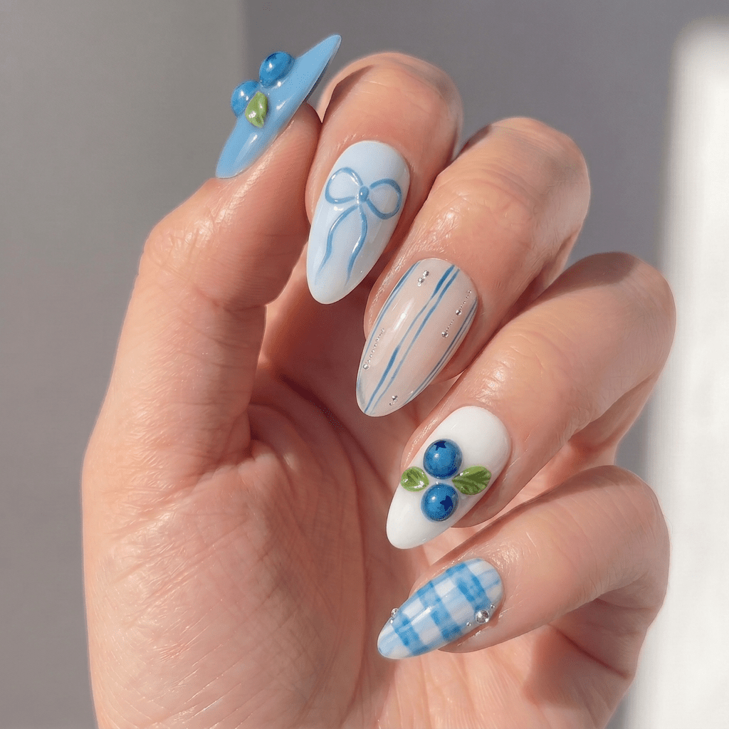 Berry Picnic french tip nail design – handmade press-on nails by Handora