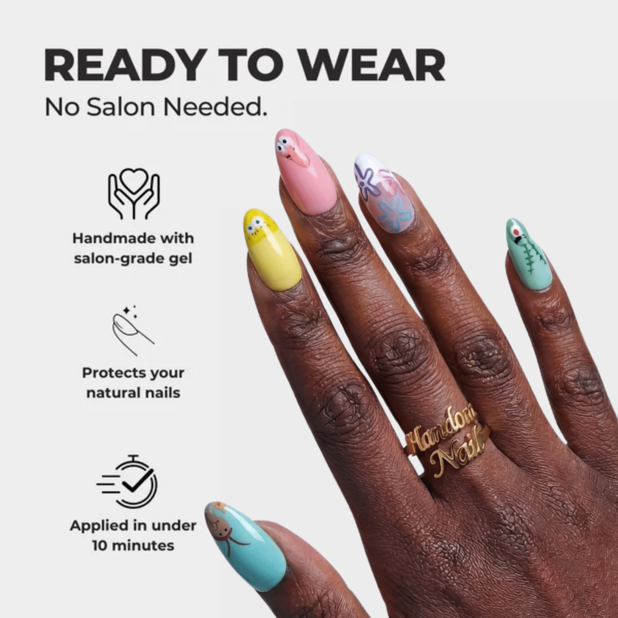Bikini Bottom almond press-on nails – design close-up by Handora