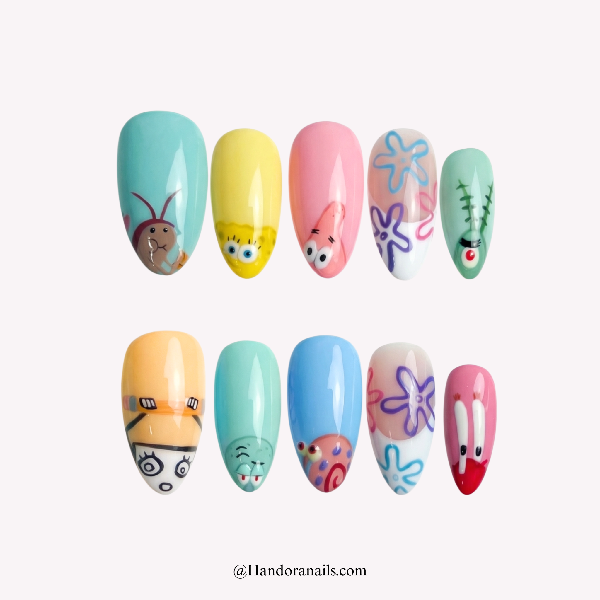 Bikini Bottom almond press-on nails by Handora