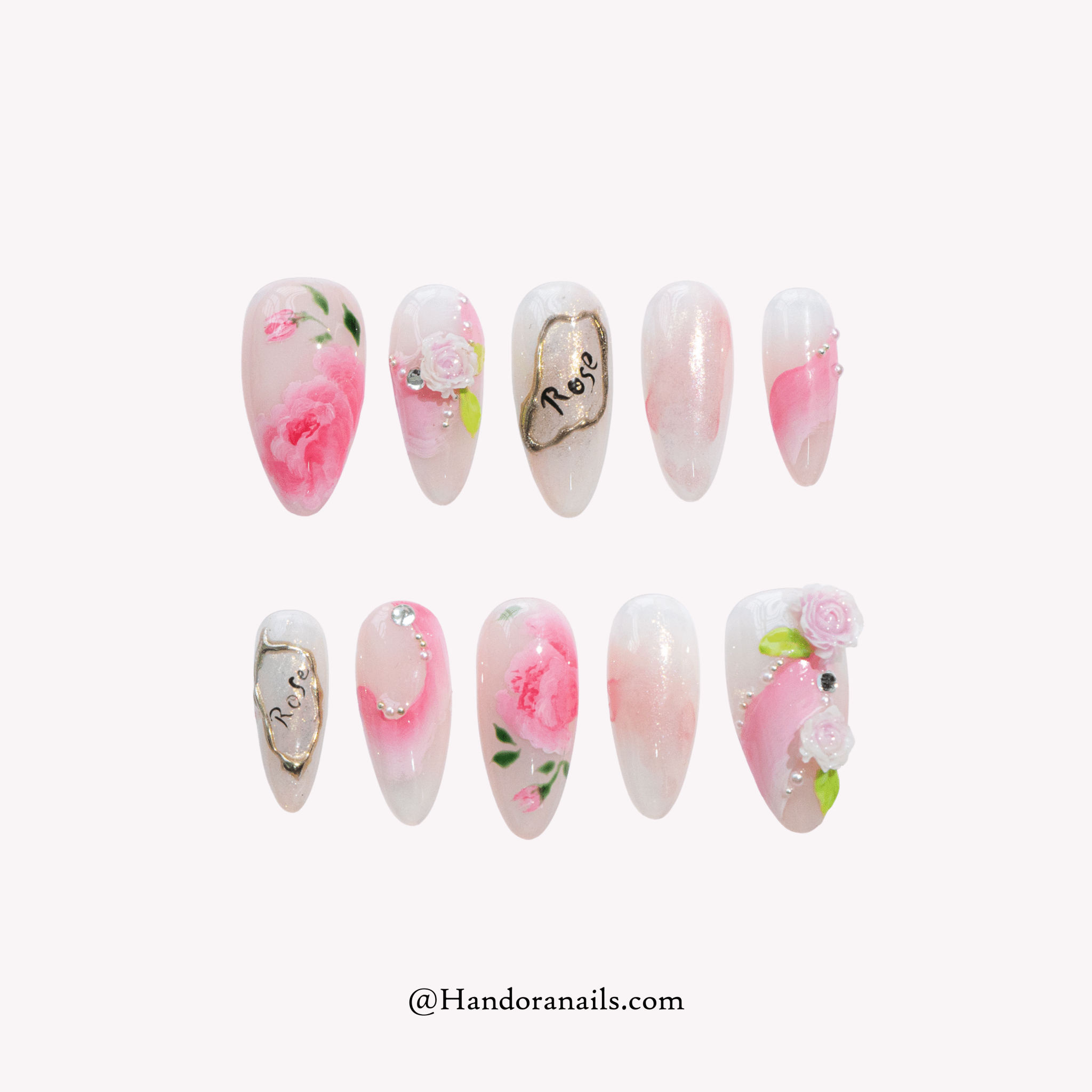 Blooming Rose pink floral press-on nails by Handora