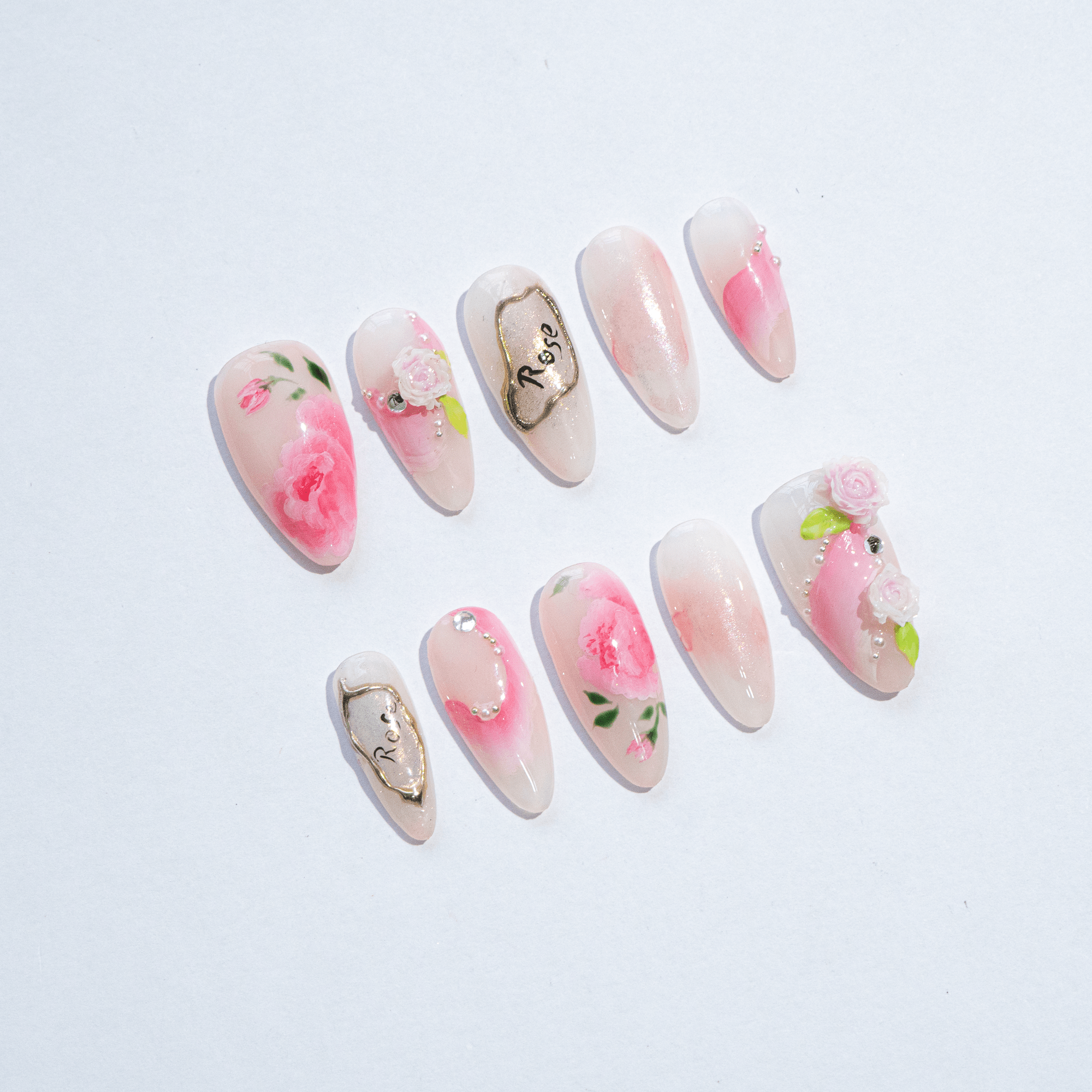 Blooming Rose press-on nails – design close-up by Handora