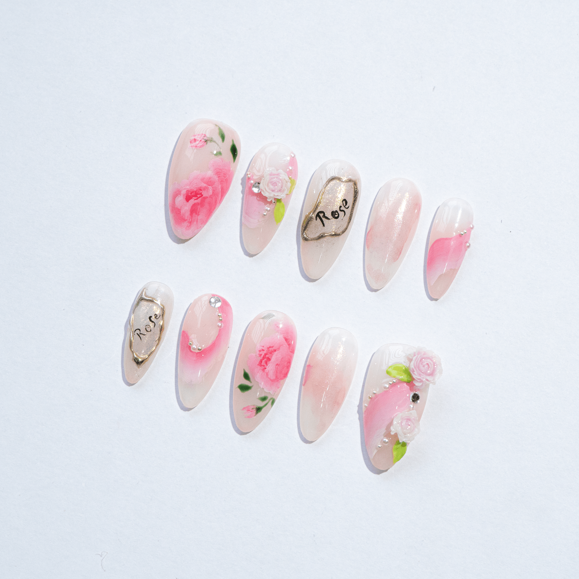 Blooming Rose floral nail design – handmade press-on nails by Handora
