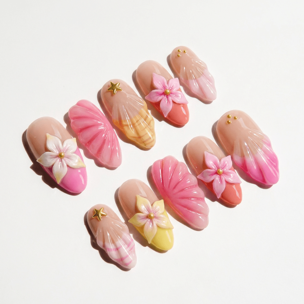 Blossom Aura floral nail design – handmade press-on nails by Handora