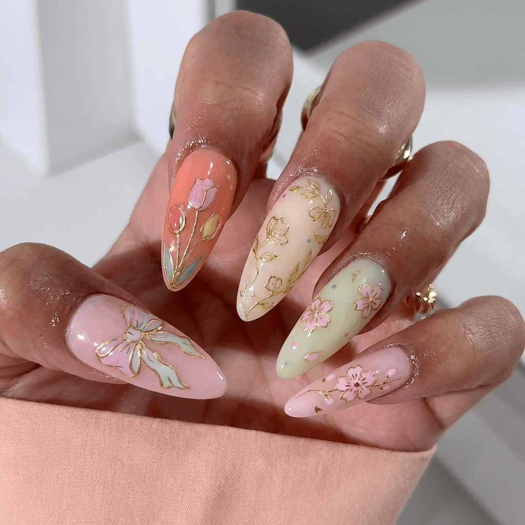 Blossom Knot press-on nails – hand-painted reusable gel set by Handora