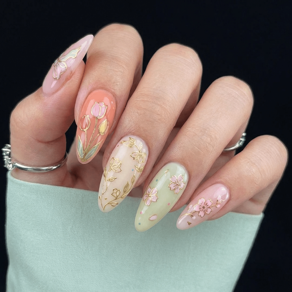 Blossom Knot press-on nails worn on hand – almond shape by Handora