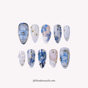 Blue Blossom blue almond floral press-on nails by Handora