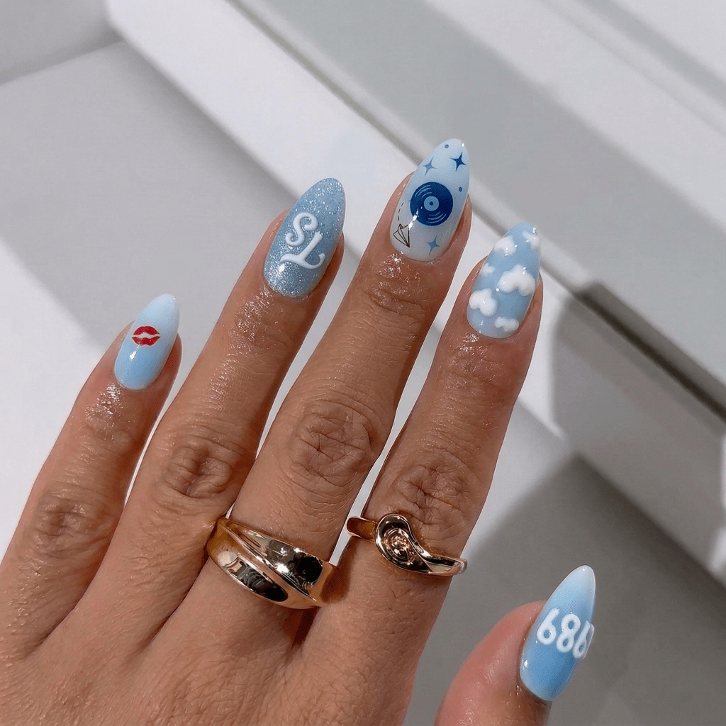 Blue City press-on nails worn on hand – almond shape by Handora