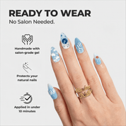 Blue City almond press-on nails – design close-up by Handora