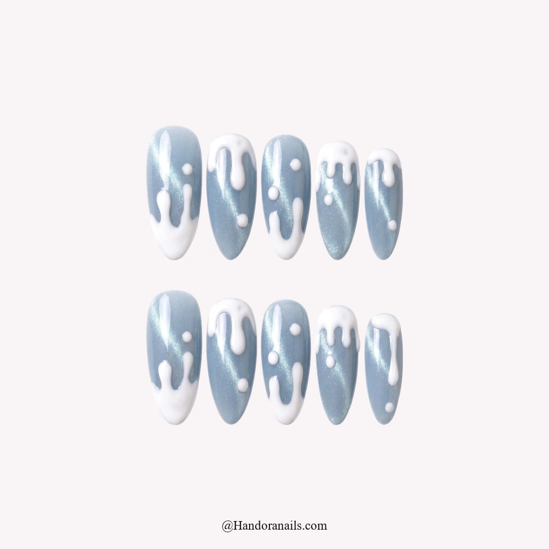 Blue Frost Christmas press-on nails - white background with Handora Nails watermark