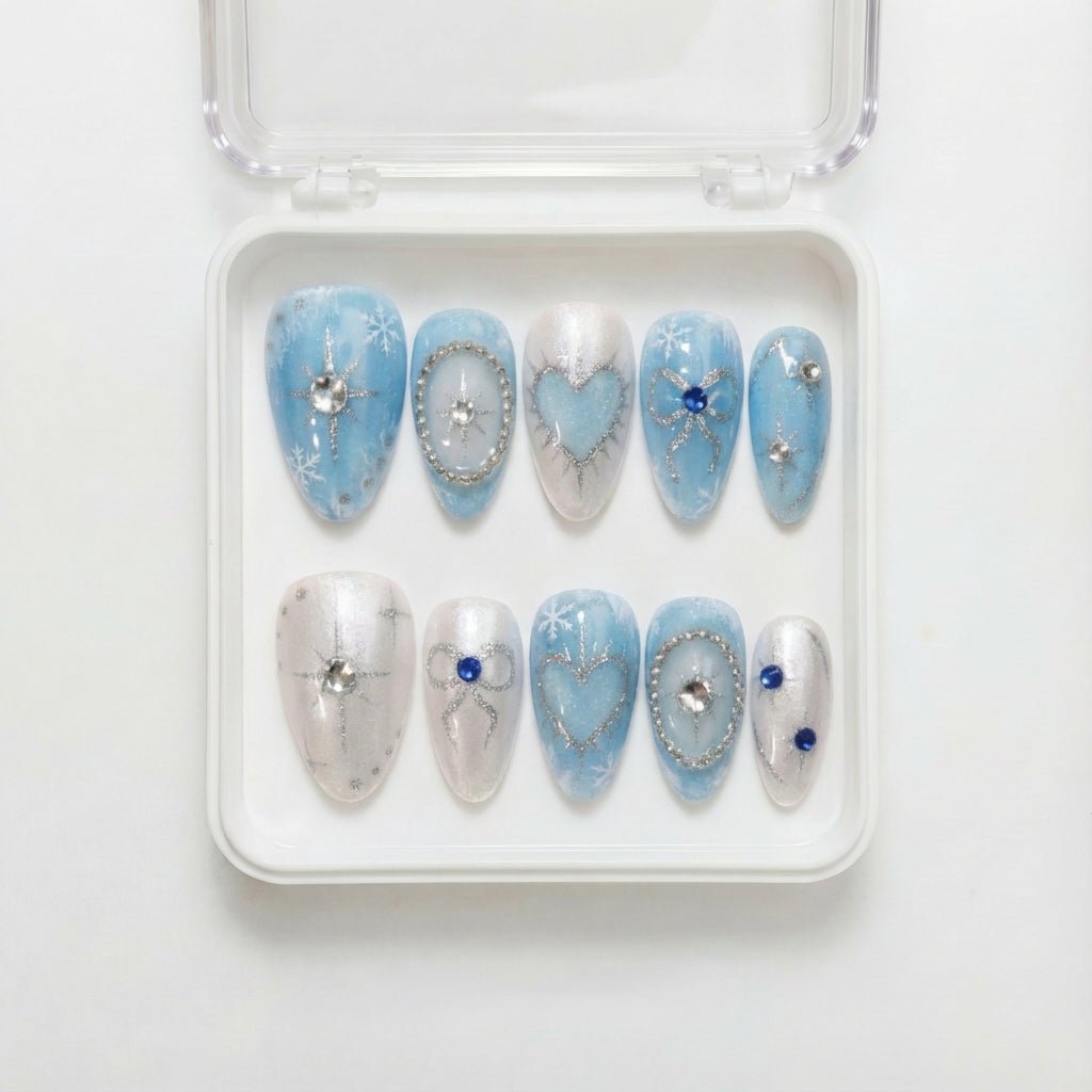 Blue Valentine press-on nails – design close-up by Handora