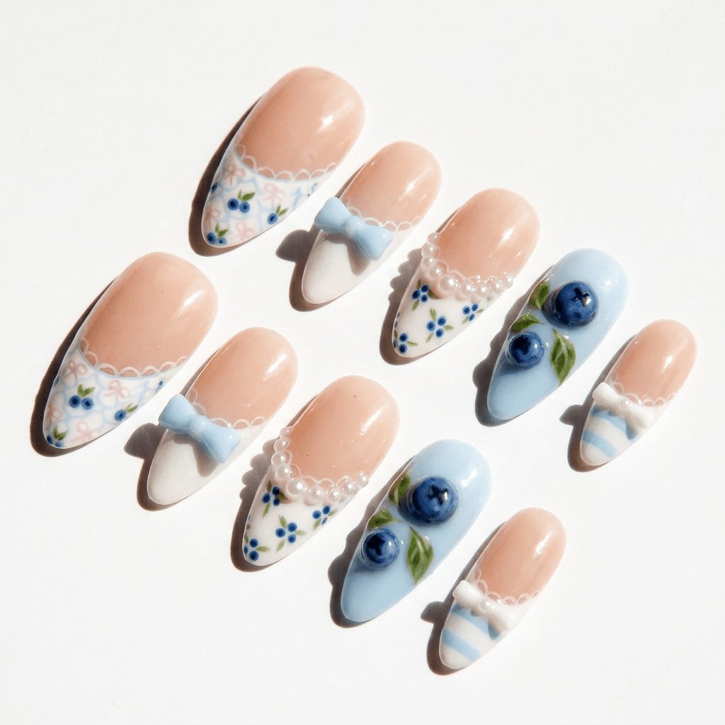 Blueberry Bows salon-quality handmade press-on nails by Handora