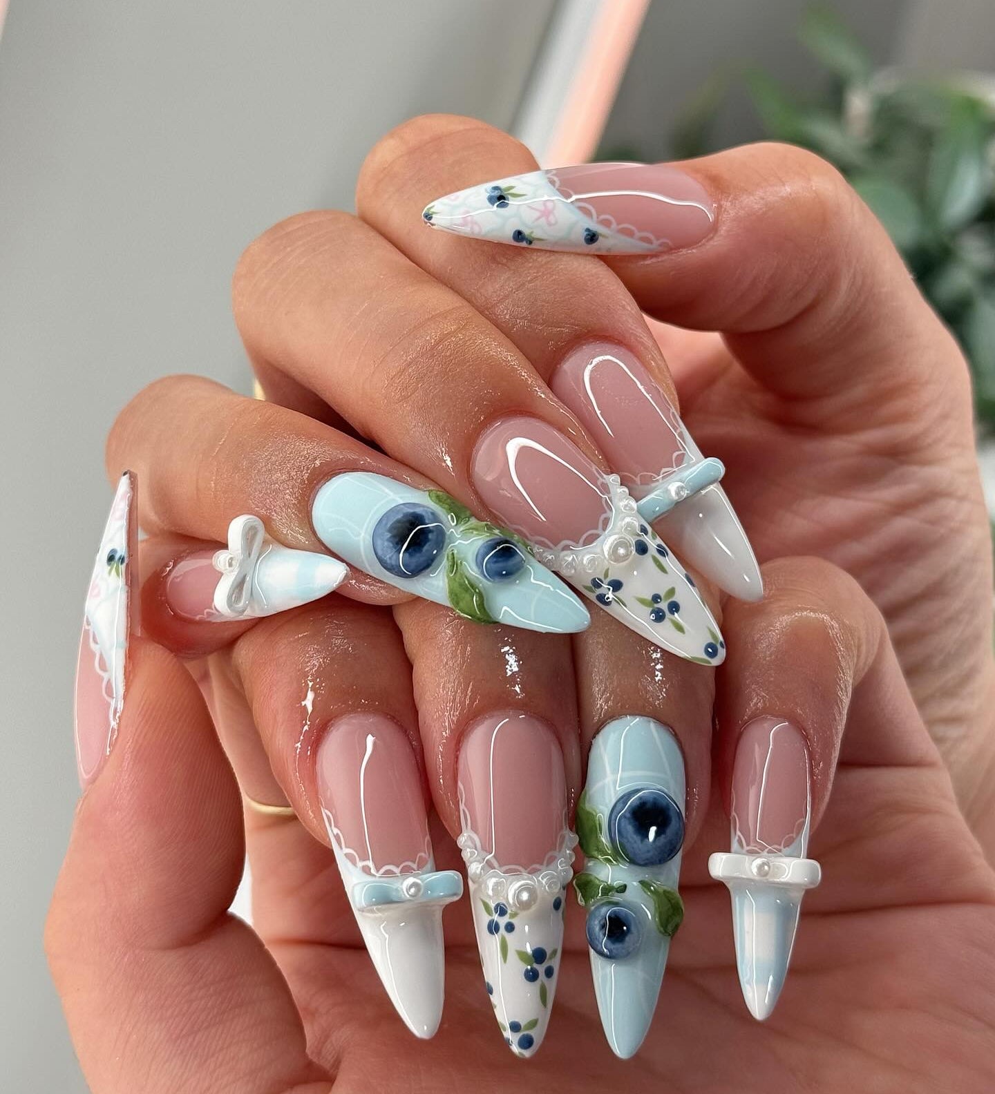 Blueberry Bows press-on nails – hand-painted reusable gel set by Handora